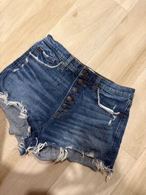 Abercrombie & Fitch Raw-Hem Mid Blue Button-Fly Denim Shorts